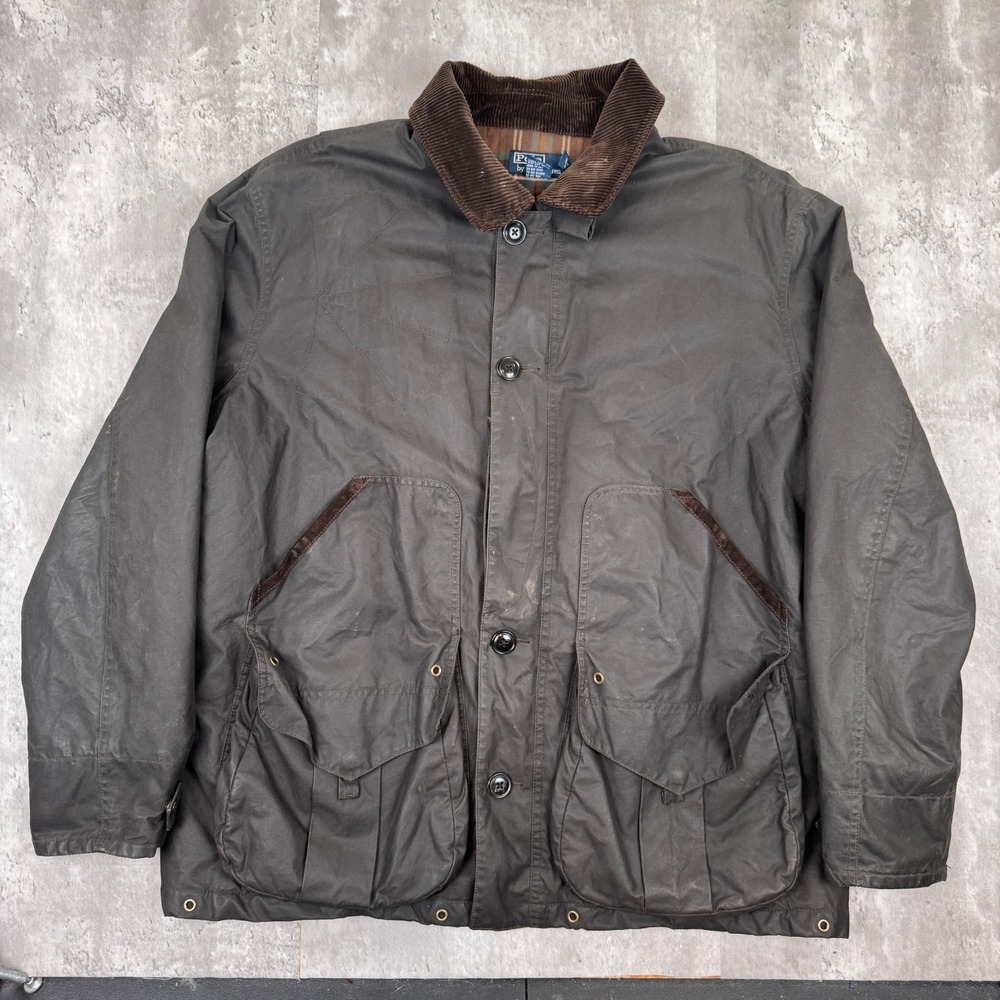 Vintage Ralph Lauren Polo Oiled Jacket Mens XXL Gray Country Hunting Coat NO ZIP